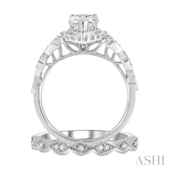 7/8 Ctw Lattice Diamond Wedding Set With 3/4 Ctw Pear Cut Engagement Ring and 1/10 Ctw Wedding Band in 14K White Gold