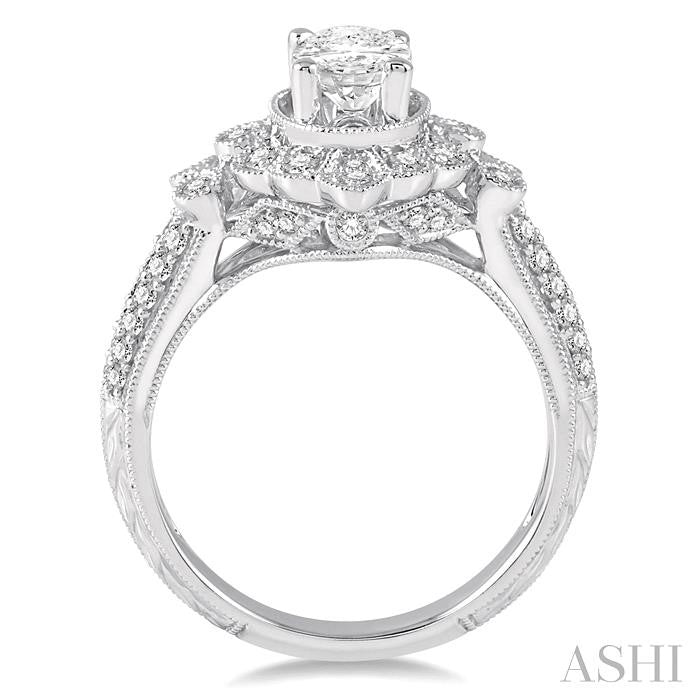 1/2 Ctw Round Diamond Semi-Mount Art Deco Inspired Halo Engagement Ring in 14K White Gold