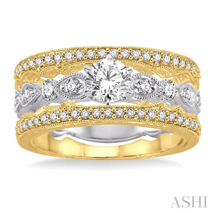 5/8 Ctw Diamond Wedding Set with 1/2 Ctw Round Cut Engagement Ring and Two 1/5 Ctw Wedding Band in 14K White and Yellow Gold