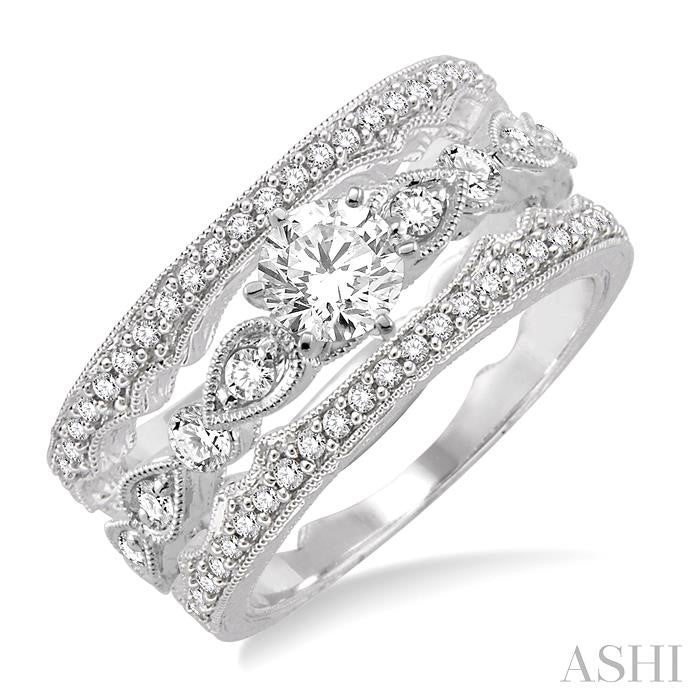 5/8 Ctw Diamond Wedding Set with 1/2 Ctw Round Cut Engagement Ring and Two 1/5 Ctw Wedding Band in 14K White Gold