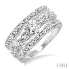 5/8 Ctw Diamond Wedding Set with 1/2 Ctw Round Cut Engagement Ring and Two 1/5 Ctw Wedding Band in 14K White Gold