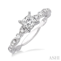 3/8 Ctw Diamond Engagement Ring with 1/4 Ct Princess Cut Center Stone in 14K White Gold