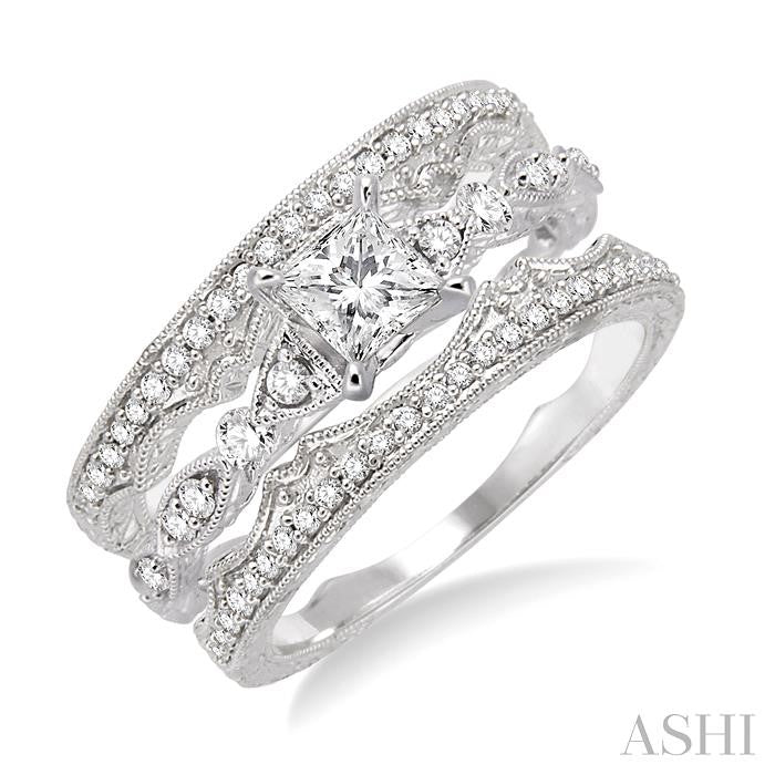 5/8 Ctw Diamond Wedding Set with 3/8 Ctw Princess Cut Engagement Ring and two 1/5 Ctw Wedding Band in 14K White Gold