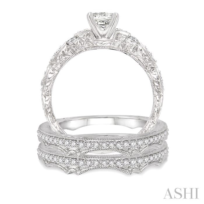 5/8 Ctw Diamond Wedding Set with 3/8 Ctw Princess Cut Engagement Ring and two 1/5 Ctw Wedding Band in 14K White Gold