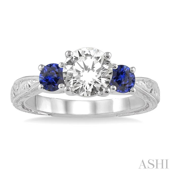 4 MM Round Cut Sapphire and 1/50 Ctw Diamond Semi-Mount Engagement Ring in 14K White Gold