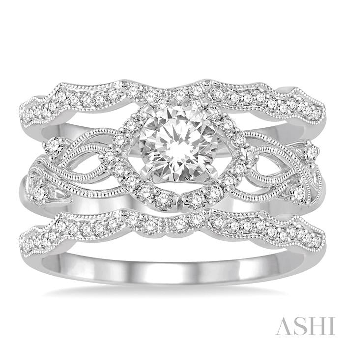 1/2 Ctw Diamond Wedding Set with 1/3 Ctw Round Cut Engagement Ring and 1/5 Ctw Wedding Band in 14K White Gold