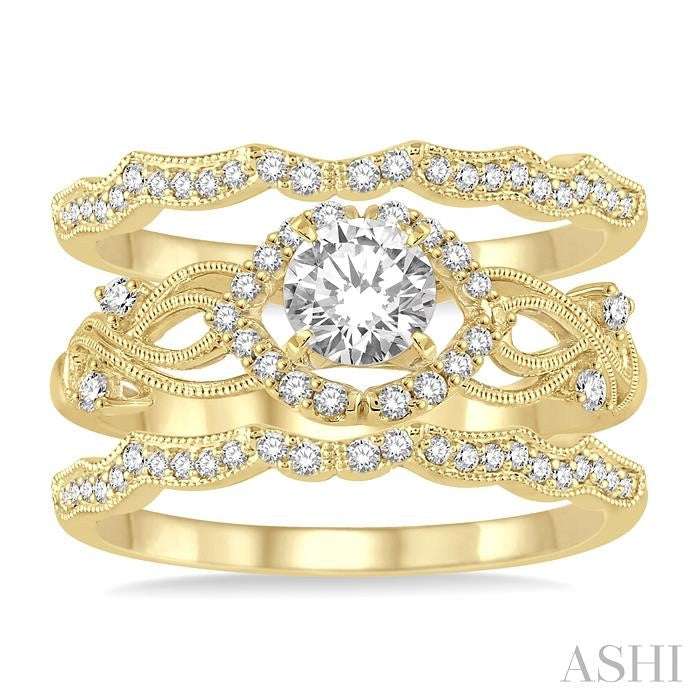 1/2 Ctw Diamond Wedding Set with 1/3 Ctw Round Cut Engagement Ring and 1/5 Ctw Wedding Band in 14K Yellow Gold