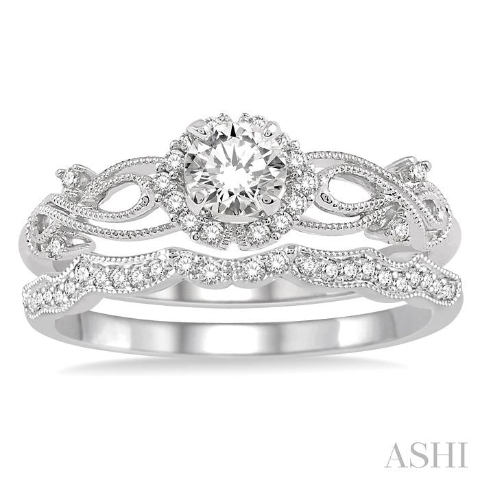 3/8 Ctw Diamond Wedding Set with 1/3 Ctw Round Cut Engagement Ring and 1/10 Ctw Wedding Band in 14K White Gold