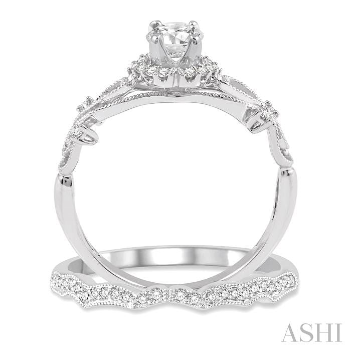 3/8 Ctw Diamond Wedding Set with 1/3 Ctw Round Cut Engagement Ring and 1/10 Ctw Wedding Band in 14K White Gold