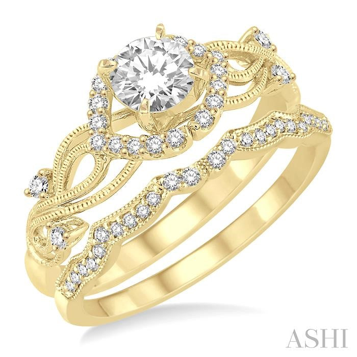 3/8 Ctw Diamond Wedding Set with 1/3 Ctw Round Cut Engagement Ring and 1/10 Ctw Wedding Band in 14K Yellow Gold