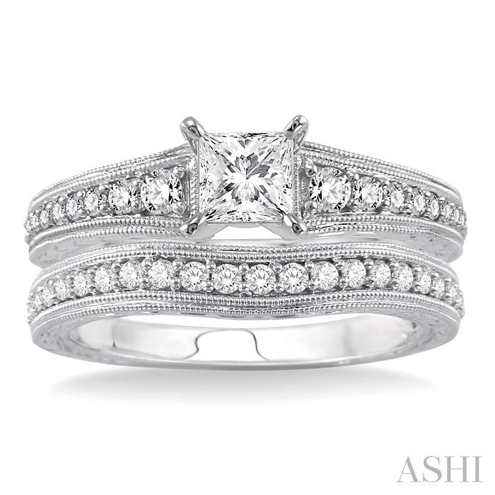 7/8 Ctw Diamond Wedding Set with 5/8 Ctw Princess Cut Engagement Ring and 1/5 Ctw Wedding Band in 14K White Gold