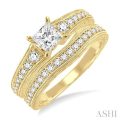 7/8 Ctw Diamond Wedding Set with 5/8 Ctw Princess Cut Engagement Ring and 1/5 Ctw Wedding Band in 14K Yellow Gold
