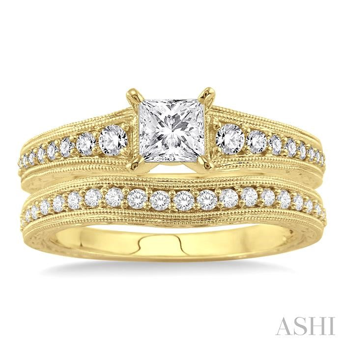 7/8 Ctw Diamond Wedding Set with 5/8 Ctw Princess Cut Engagement Ring and 1/5 Ctw Wedding Band in 14K Yellow Gold