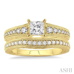 7/8 Ctw Diamond Wedding Set with 5/8 Ctw Princess Cut Engagement Ring and 1/5 Ctw Wedding Band in 14K Yellow Gold