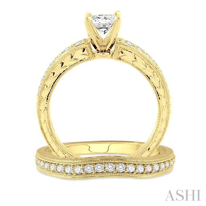7/8 Ctw Diamond Wedding Set with 5/8 Ctw Princess Cut Engagement Ring and 1/5 Ctw Wedding Band in 14K Yellow Gold