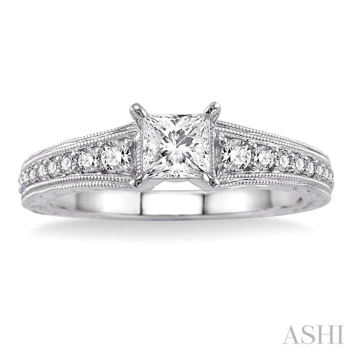 5/8 Ctw Diamond Engagement Ring with 3/8 Ct Princess Cut Center Stone in 14K White Gold