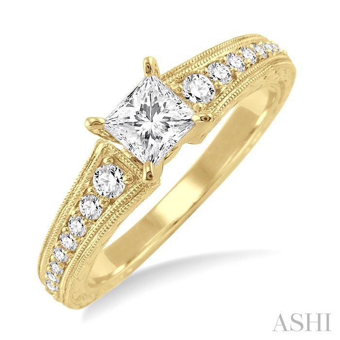 5/8 Ctw Diamond Engagement Ring with 3/8 Ct Princess Cut Center Stone in 14K Yellow Gold