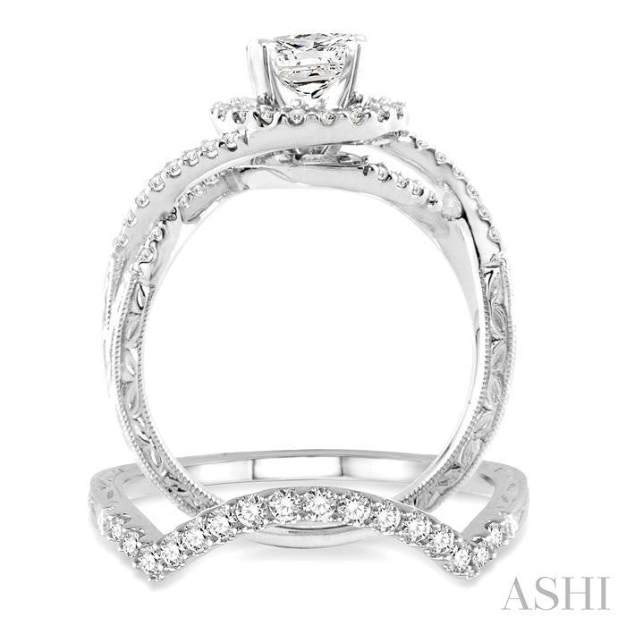 1 1/5 Ctw Diamond Wedding Set with 1 Ctw Round Cut Engagement Ring and 1/5 Ctw Wedding Band in 14K White Gold