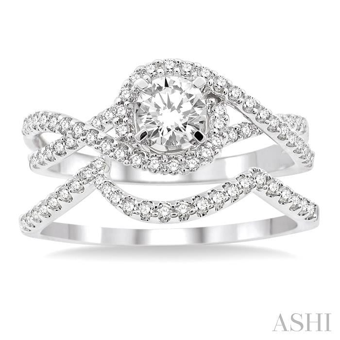 3/4 Ctw Diamond Wedding Set with 5/8 Ctw Round Cut Engagement Ring and 1/10 Ctw Wedding Band in 14K White Gold