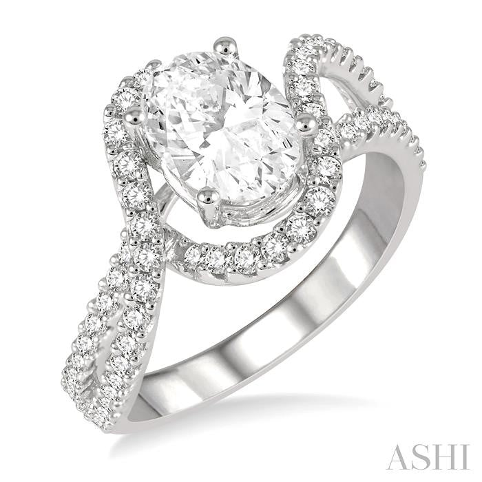 5/8 Ctw Oval Shape Split Bypass Shank Round Cut Diamond Semi-Mount Engagement Ring in 14K White Gold