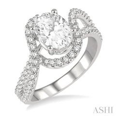 5/8 Ctw Oval Shape Split Bypass Shank Round Cut Diamond Semi-Mount Engagement Ring in 14K White Gold