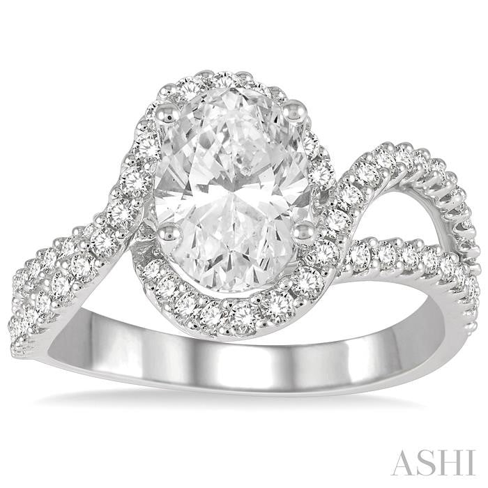 5/8 Ctw Oval Shape Split Bypass Shank Round Cut Diamond Semi-Mount Engagement Ring in 14K White Gold