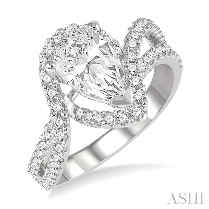 5/8 Ctw Pear Shape Split Bypass Shank Round Cut Diamond Semi-Mount Engagement Ring in 14K White Gold