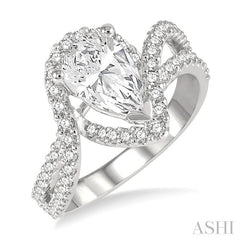 5/8 Ctw Pear Shape Split Bypass Shank Round Cut Diamond Semi-Mount Engagement Ring in 14K White Gold