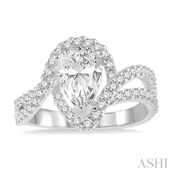 5/8 Ctw Pear Shape Split Bypass Shank Round Cut Diamond Semi-Mount Engagement Ring in 14K White Gold
