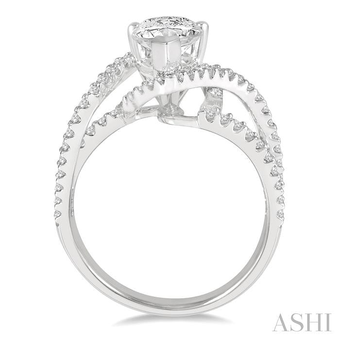 5/8 Ctw Pear Shape Split Bypass Shank Round Cut Diamond Semi-Mount Engagement Ring in 14K White Gold