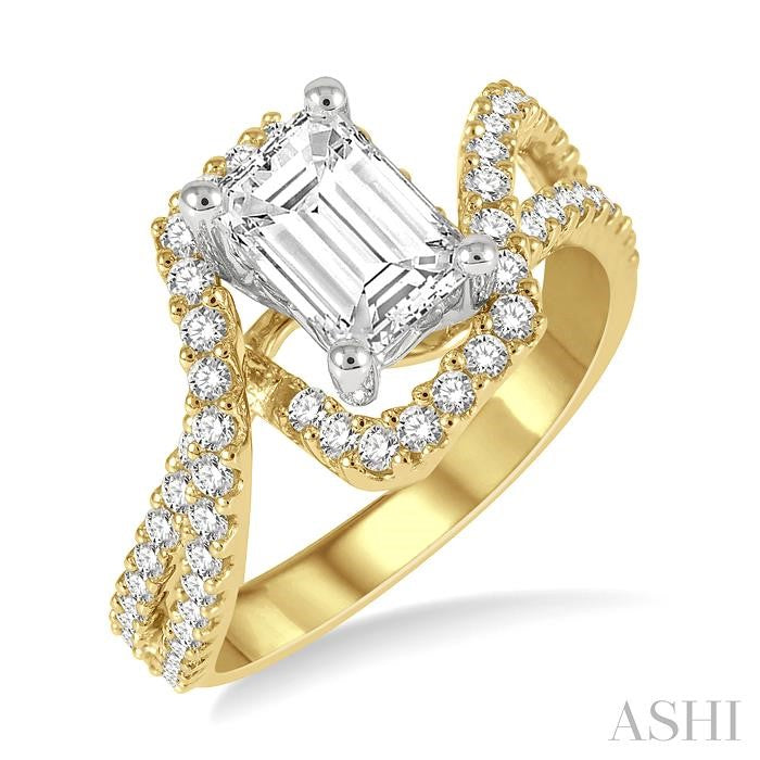 5/8 Ctw Emerald Shape Split Bypass Shank Round Cut Diamond Semi-Mount Engagement Ring in 14K Yellow and White Gold