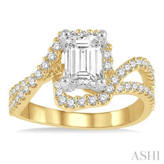 5/8 Ctw Emerald Shape Split Bypass Shank Round Cut Diamond Semi-Mount Engagement Ring in 14K Yellow and White Gold