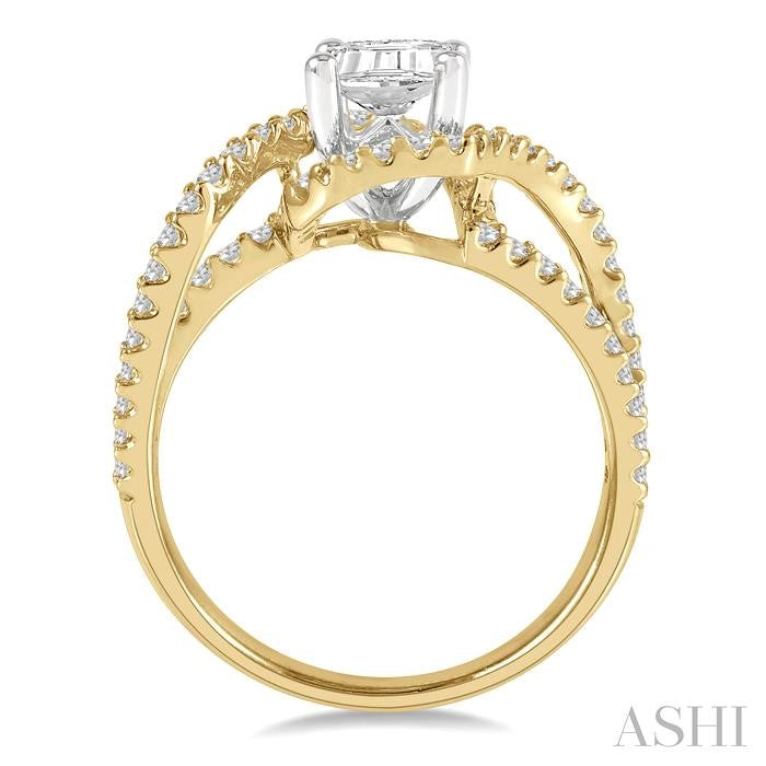5/8 Ctw Emerald Shape Split Bypass Shank Round Cut Diamond Semi-Mount Engagement Ring in 14K Yellow and White Gold