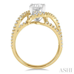 5/8 Ctw Emerald Shape Split Bypass Shank Round Cut Diamond Semi-Mount Engagement Ring in 14K Yellow and White Gold