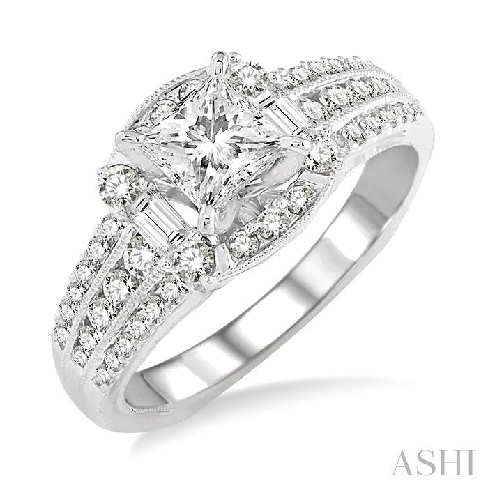 1 1/2 Ctw Diamond Engagement Ring with 3/4 Ct Princess Cut Center Stone in 14K White Gold