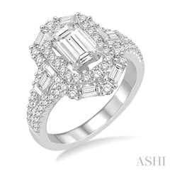1 1/10 Ctw Emerald Shape Baguette and Round Cut Diamond Semi-Mount Engagement Ring in 14K Yellow and White Gold
