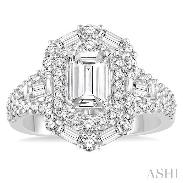 1 1/10 Ctw Emerald Shape Baguette and Round Cut Diamond Semi-Mount Engagement Ring in 14K Yellow and White Gold