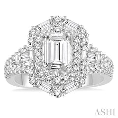 1 1/10 Ctw Emerald Shape Baguette and Round Cut Diamond Semi-Mount Engagement Ring in 14K Yellow and White Gold