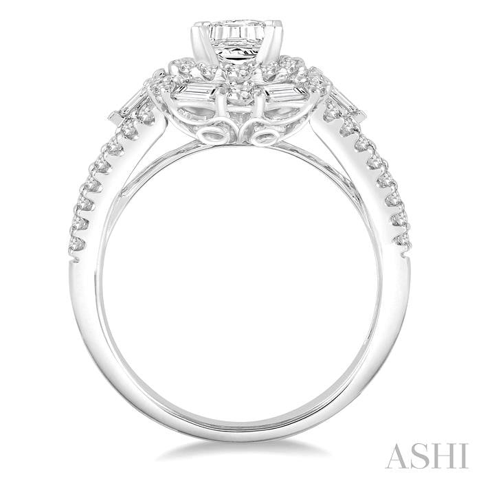 1 1/10 Ctw Emerald Shape Baguette and Round Cut Diamond Semi-Mount Engagement Ring in 14K Yellow and White Gold