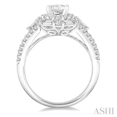 1 1/10 Ctw Emerald Shape Baguette and Round Cut Diamond Semi-Mount Engagement Ring in 14K Yellow and White Gold