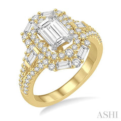 1 1/10 Ctw Emerald Shape Baguette and Round Cut Diamond Semi-Mount Engagement Ring in 14K Yellow and White Gold