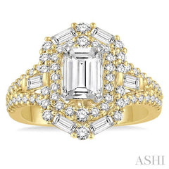 1 1/10 Ctw Emerald Shape Baguette and Round Cut Diamond Semi-Mount Engagement Ring in 14K Yellow and White Gold