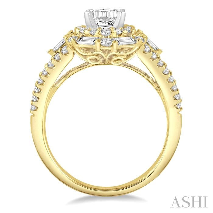 1 1/10 Ctw Emerald Shape Baguette and Round Cut Diamond Semi-Mount Engagement Ring in 14K Yellow and White Gold
