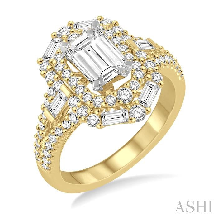 1 1/10 Ctw Emerald Shape Baguette and Round Cut Diamond Semi-Mount Engagement Ring in 14K Yellow and White Gold