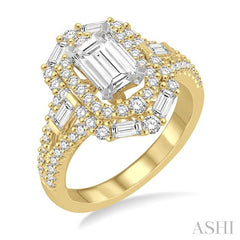 1 1/10 Ctw Emerald Shape Baguette and Round Cut Diamond Semi-Mount Engagement Ring in 14K Yellow and White Gold