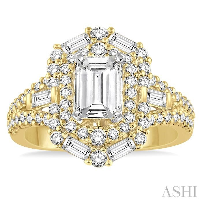 1 1/10 Ctw Emerald Shape Baguette and Round Cut Diamond Semi-Mount Engagement Ring in 14K Yellow and White Gold