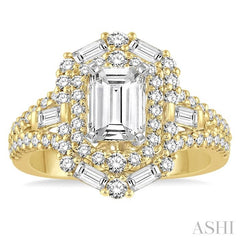 1 1/10 Ctw Emerald Shape Baguette and Round Cut Diamond Semi-Mount Engagement Ring in 14K Yellow and White Gold