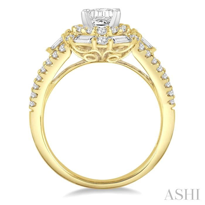 1 1/10 Ctw Emerald Shape Baguette and Round Cut Diamond Semi-Mount Engagement Ring in 14K Yellow and White Gold