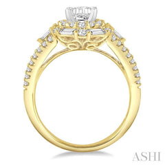 1 1/10 Ctw Emerald Shape Baguette and Round Cut Diamond Semi-Mount Engagement Ring in 14K Yellow and White Gold