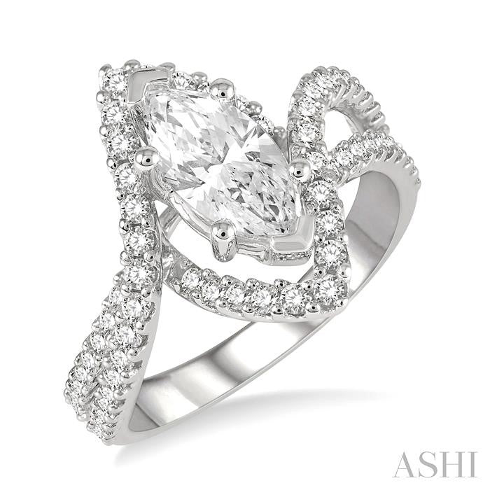 5/8 Ctw Marquise Shape Split Bypass Shank Round Cut Diamond Semi-Mount Engagement Ring in 14K White Gold